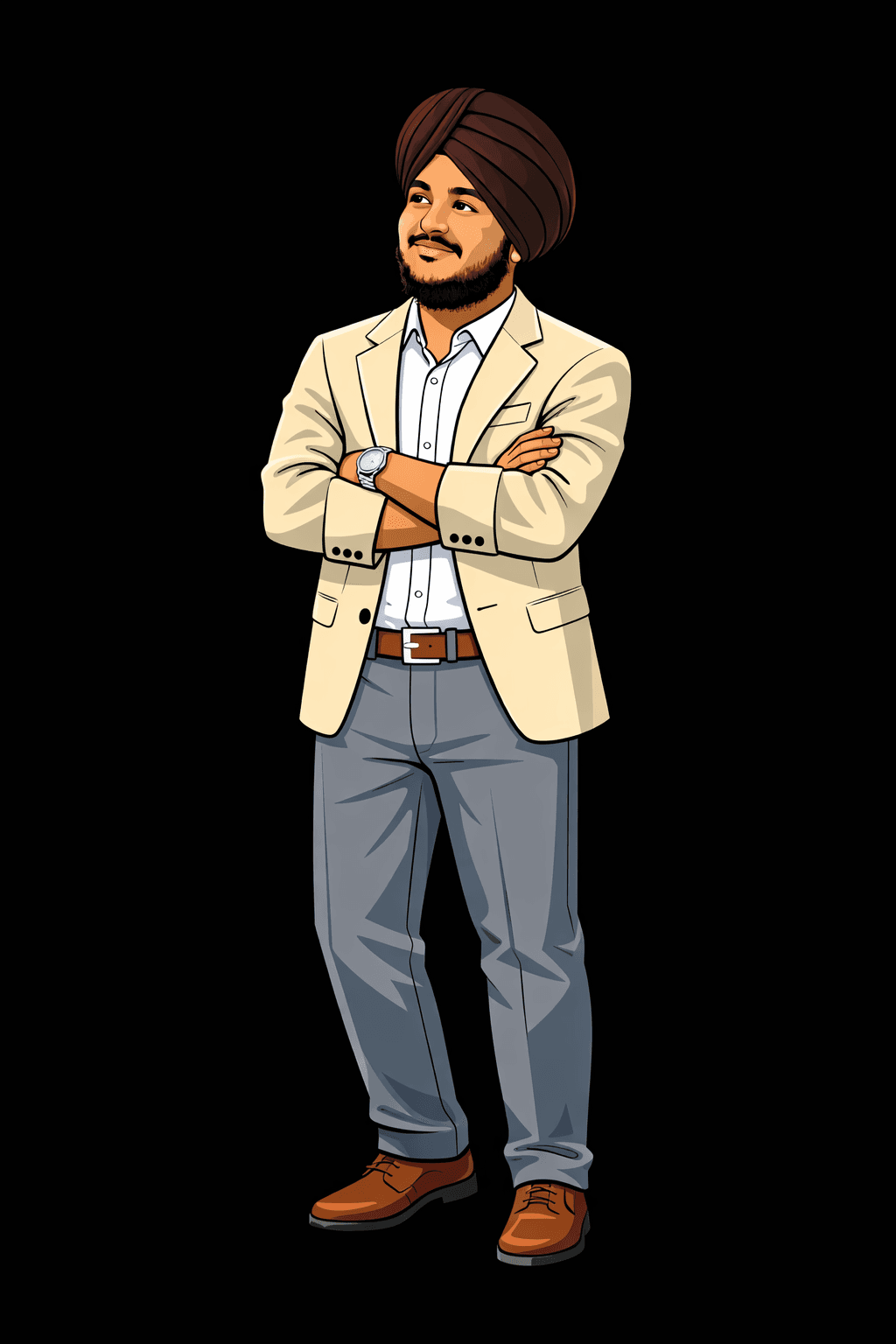 Illustrated portrait of Marketing Paaji — arms crossed, looking ahead